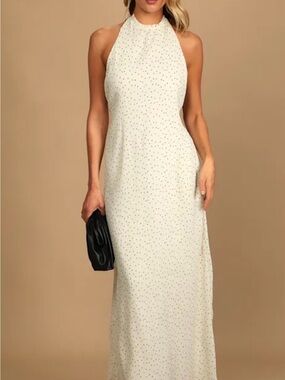 Lulu's Ivory Halter Maxi Dress with Tiny Dot Print